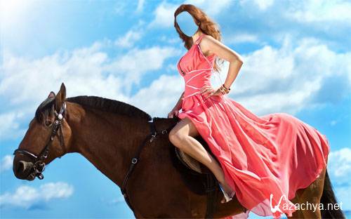  Шаблон для фото - Девушка на коне в красивом платье 