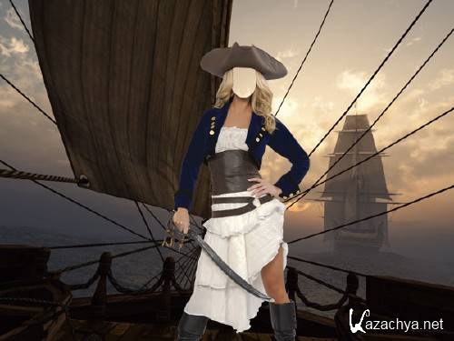 Шаблон для Photoshop - Пиратка на палубе корабля